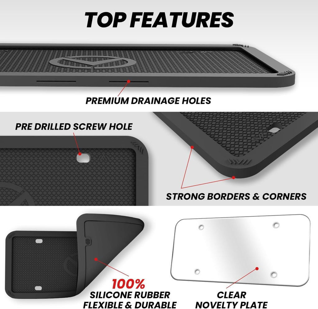 2 Pcs Silicone License Plate Frames with Polycarbonate Covers, Rust-Proof, Weather-Resistant, Easy Installation, Premium License Plate Protector for Cars with 2 Drainage Holes