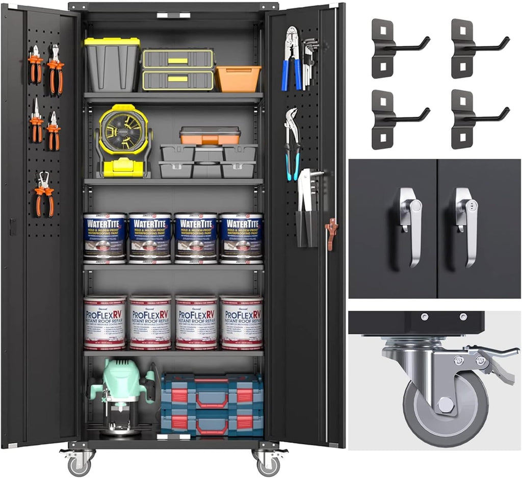 Garage Storage Cabinet with Wheels & Pegboard, 72" H Locking Metal Storage Cabinet with Doors and 4 Adjustable Shelves for Garage Workshop Home, Assembly Required, Black