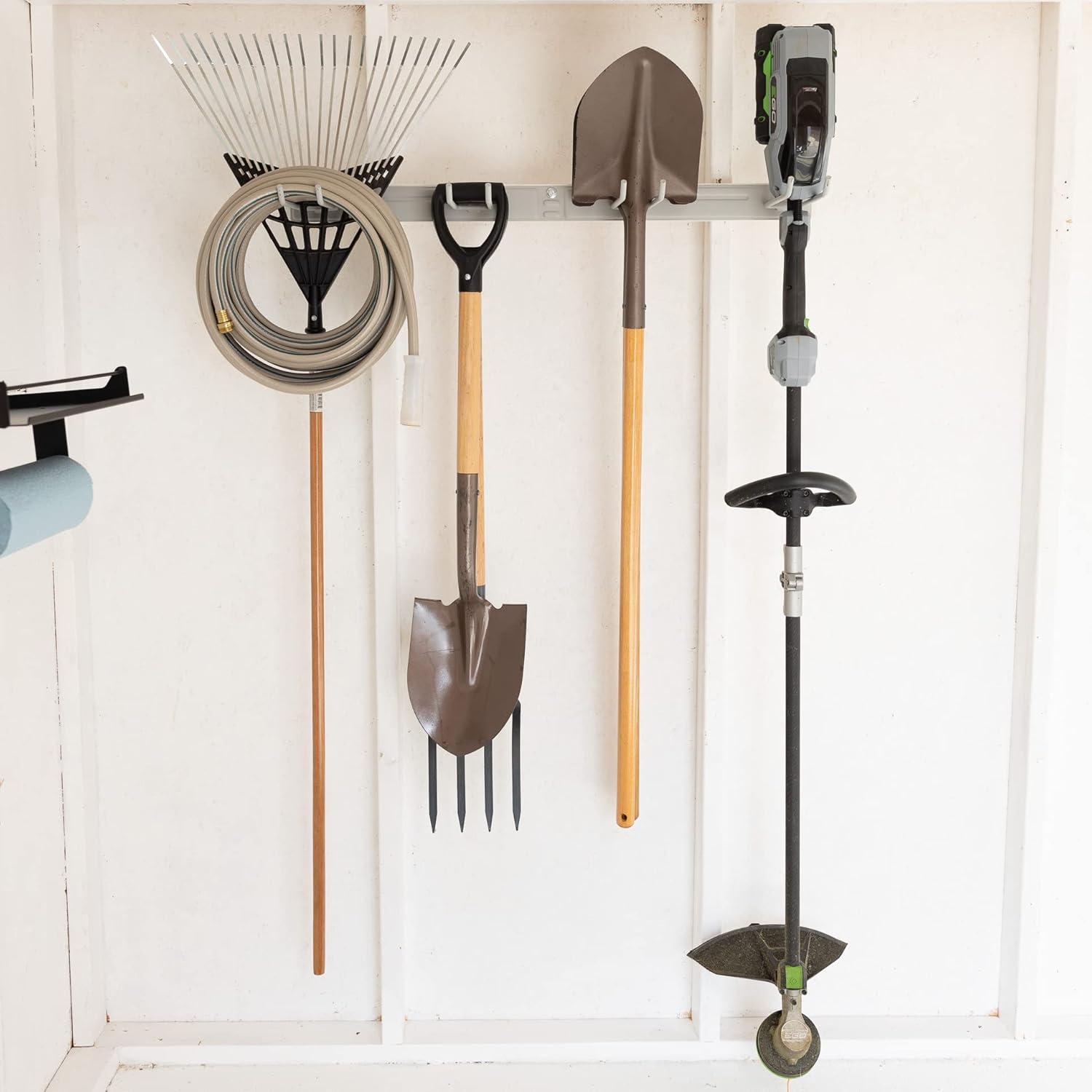 StoreYourBoard Wall-Mounted Rack With 4 Garage Hooks – Heavy-Duty Steel Holder Garage & Garden Storage for Shed, Workshop, or Home Organization – For Rakes, Shovels, Tools & More – 2 Pack, Gray