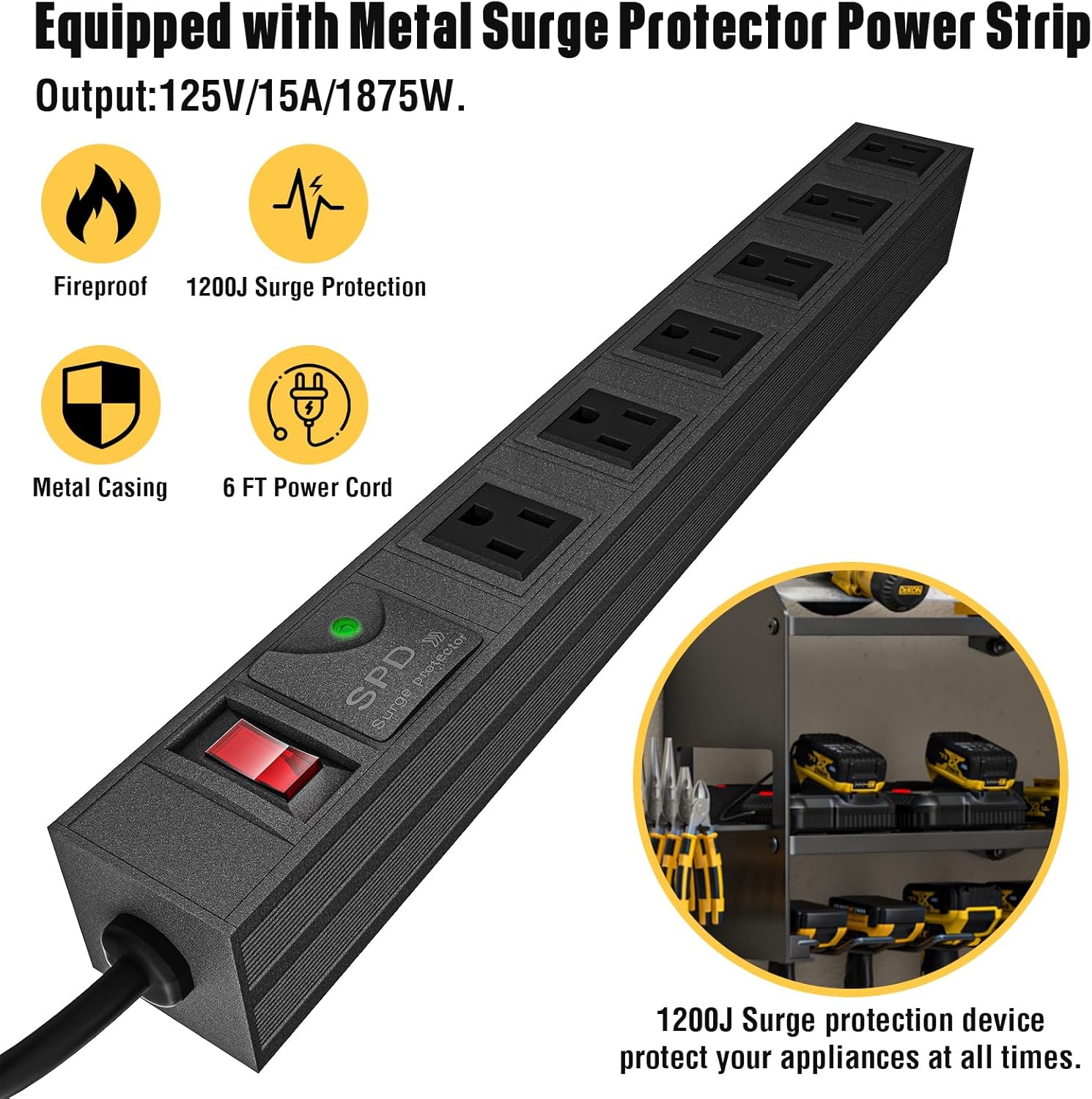 YYR Power Tool Organizer with Charging Station Wall Mount, Cordless Drill and Battery Holder for Garage Organization, Electric Tools Storage Rack Build in Surge Protection Power Strip - Black Shelf