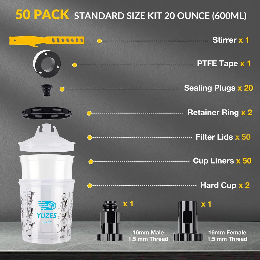 YUZES Paint Mixing Cups System 20 Ounce (600ml), 50 Disposable Paint Cups Liners and Lids, 2 Hard Cup with Retainer Ring, 20 Plugs, PTFE Tape, Paint Stirrer, 2 Cup Adapter for Automotive Paint Gun