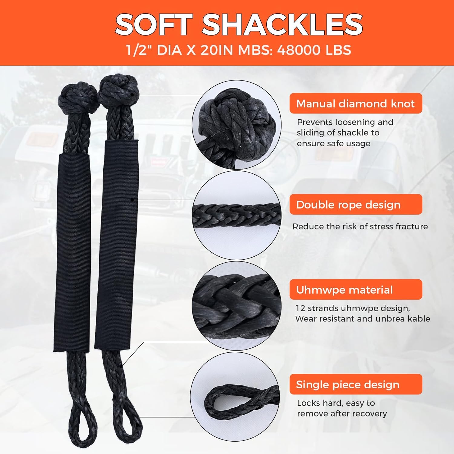 Kinetic Recovery Tow Rope, 48000LBS Snatch Strap with Soft Shackles, Extreme Duty 30% Elasticity Energy Offroad Towing Straps Kit for Car Jeep Trucks SUV UTV ATV Tractor - 1" x 20ft, Black