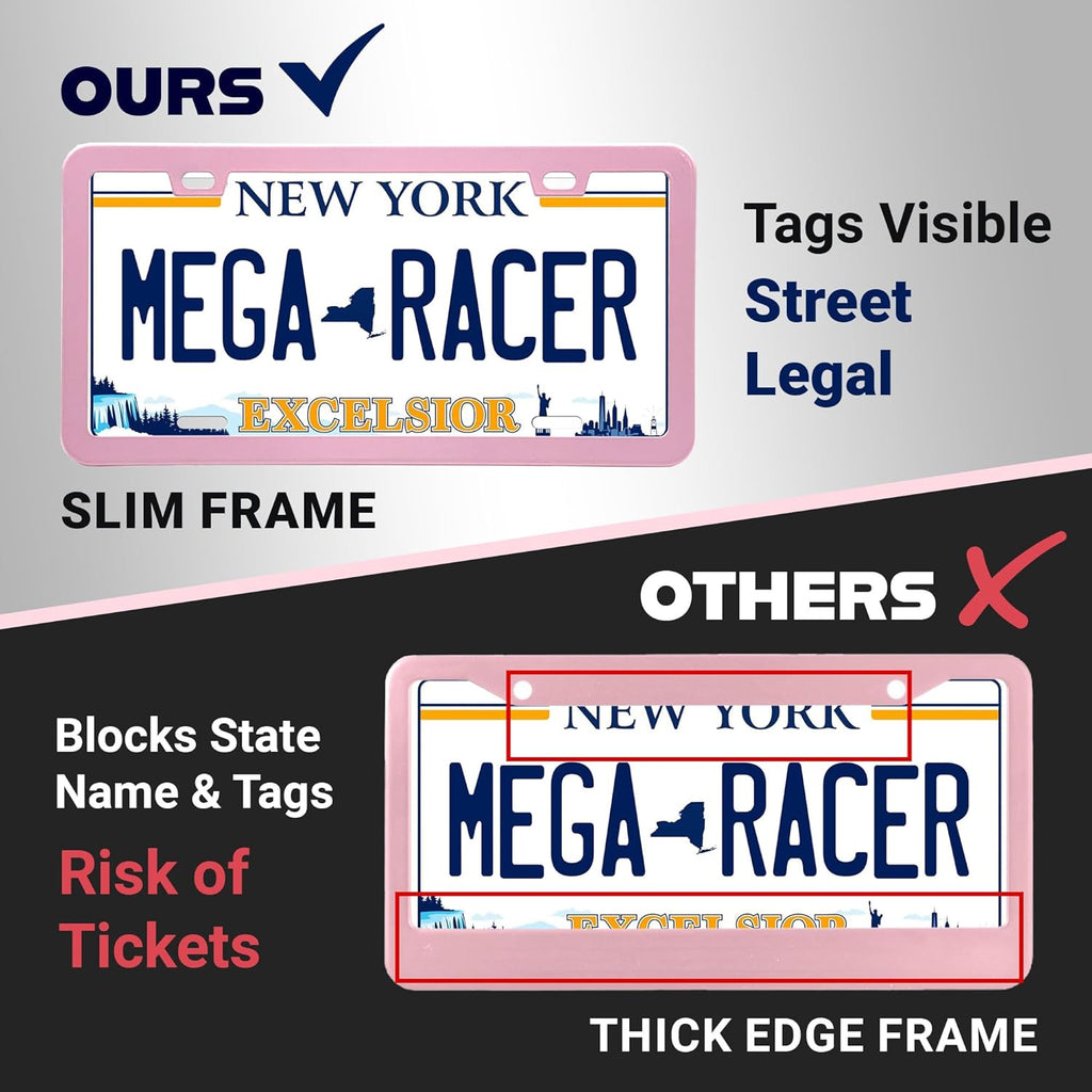 Premium Princess Pink License Plate Frames – 2 Pack, Rust-Free Stainless Steel, Street Legal, Rattle-Free, Universal Slim Design with Screw Covers, Durable Car Tag Holders for Women, Cute & Girly Gift