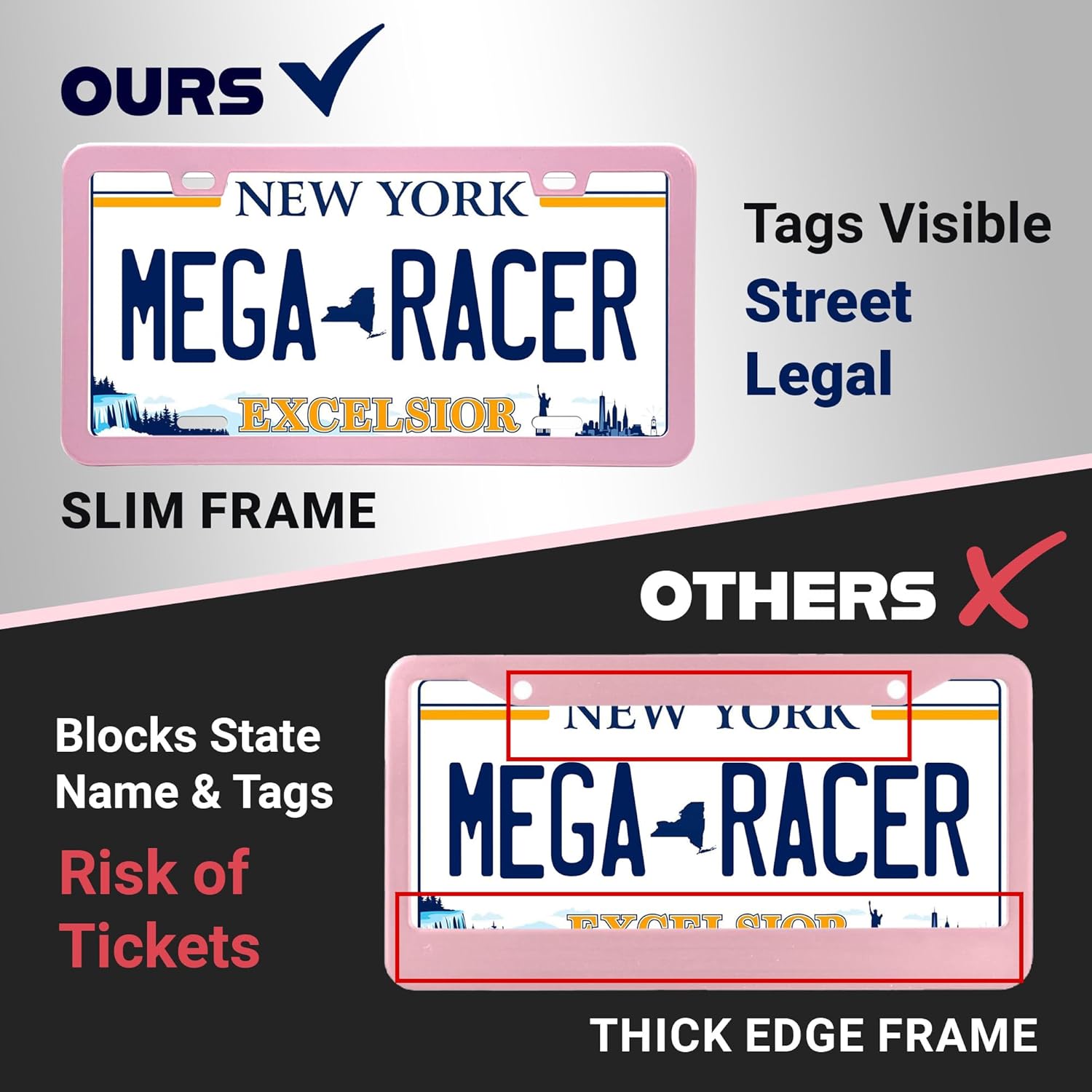 Premium Princess Pink License Plate Frames – 2 Pack, Rust-Free Stainless Steel, Street Legal, Rattle-Free, Universal Slim Design with Screw Covers, Durable Car Tag Holders for Women, Cute & Girly Gift