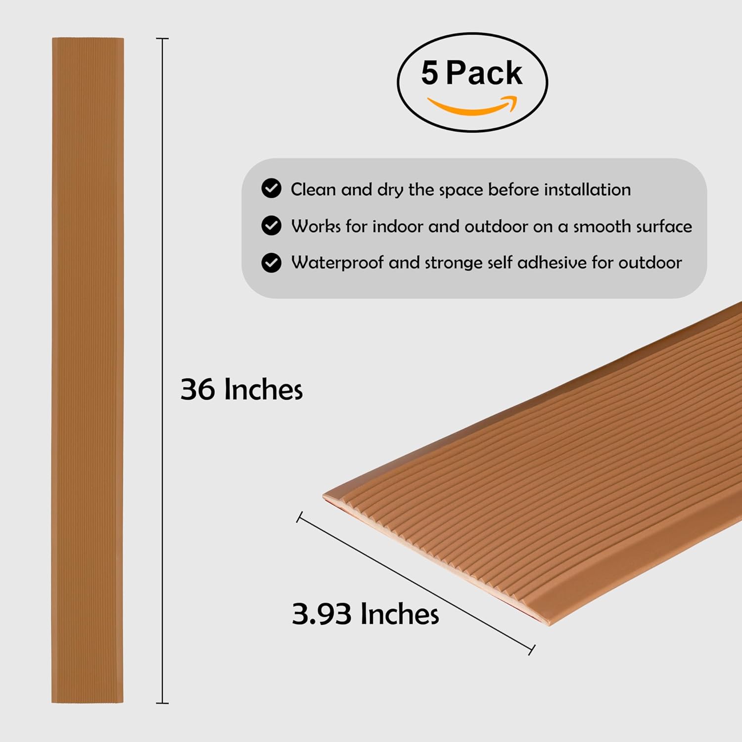 Rubber Bond 4x36in Anti Slip Stair Treads (5-Pack) - Waterproof Outdoor/Indoor Heavy Duty Non-Skid Tape for Stairs - Adhesive Rubber Grip Strips for Steps & Ramps - Brown