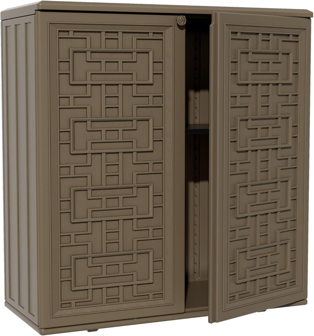 ZZM HDPE Outdoor Storage Shed, Outdoor Plastic Storage Cabinet, Horizontal Resin Tool Shed for Garden, All Weather Outdoor Storage Clearance, DIY Usage, with one Shelf (Coffee)