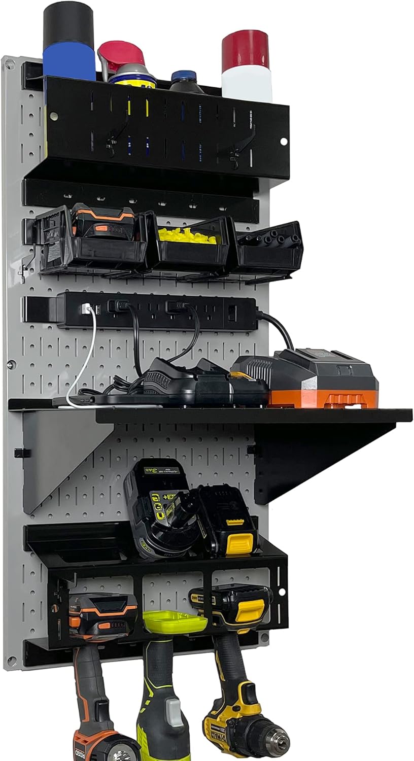 Wall Control Power Tool Storage Organizer Kit Cordless Drill Holder Charging Station Rack 16” x 32” Metal Pegboard Organization System (Grey Pegboard)