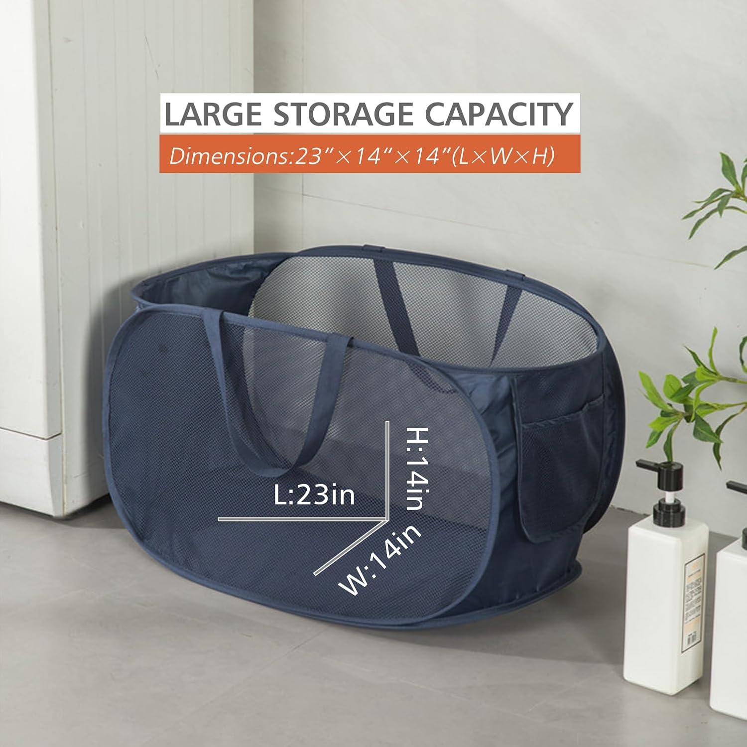 HONOMA Sturdy Mesh Laundry Hamper Basket Bag,Pop up Basket with Side Pocket for Laundry Room, Bathroom, Kids Room, College Dorm or Travel (Pop Horizontal, Navy Blue)