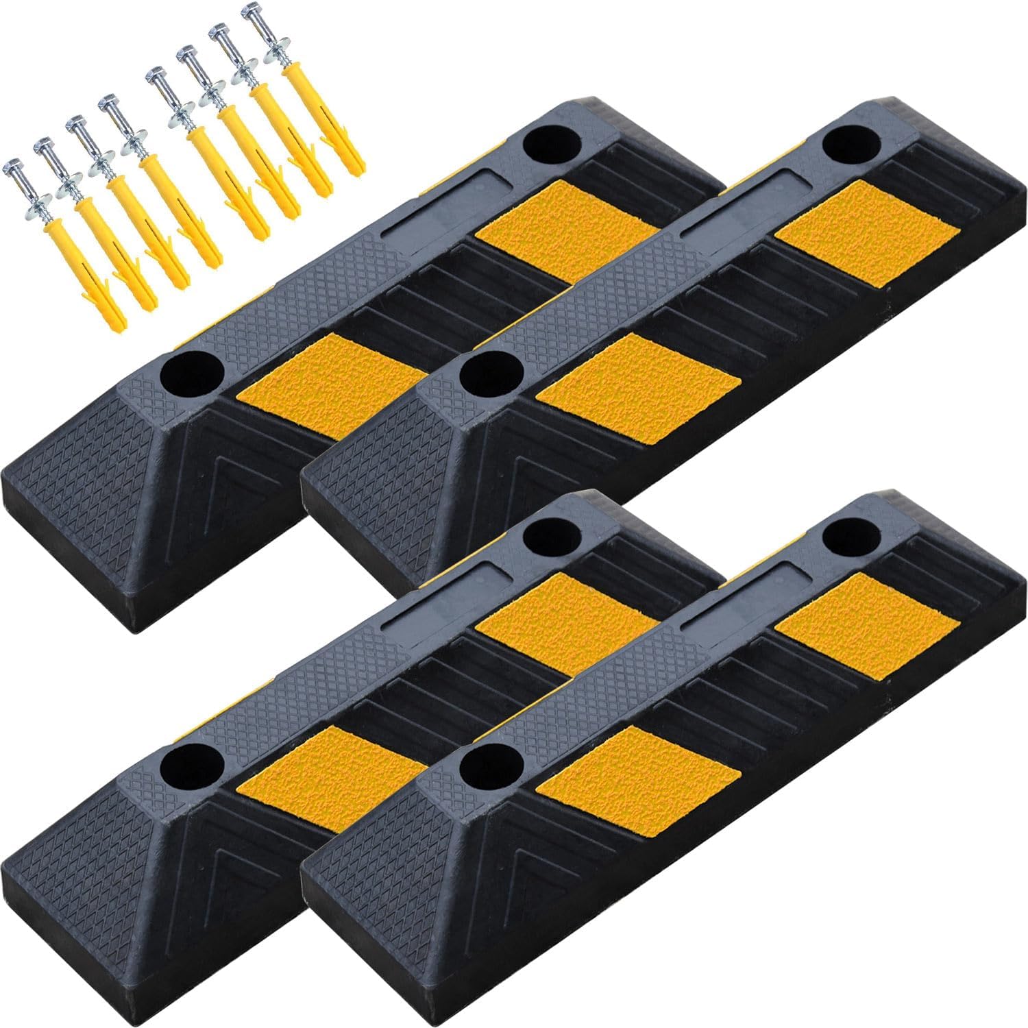 Heavy-Duty Rubber Parking Curbs, Parking Garage Floor Stoppers with Reflective Stickers, Mounting Screws Included, Wheel Stoppers for Car, Truck, Pickup, Motorcycle (21" - 4Pack)