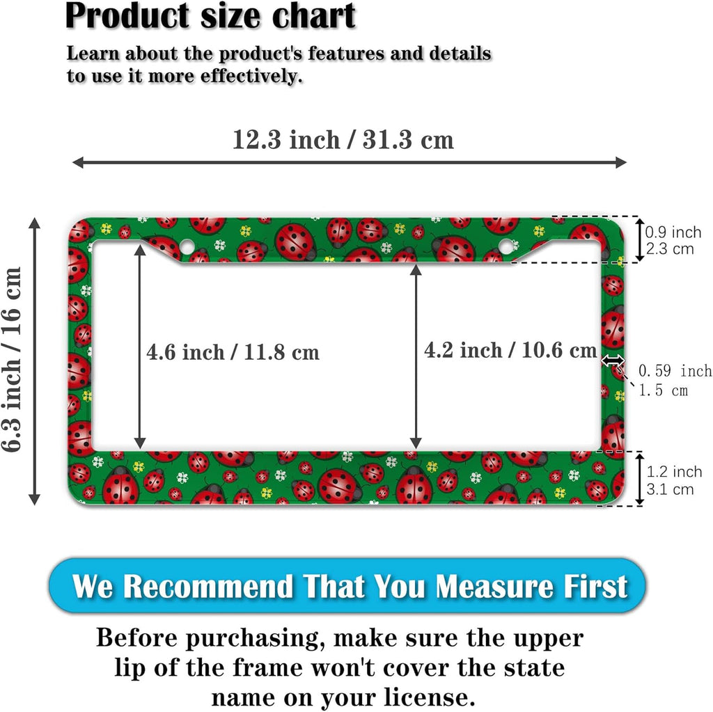License Plate Frame Red Green License Plate Protector Cute Ladybug and Flowers Universal Aluminum Car Accessory 2 Pack with Screw Covers Set