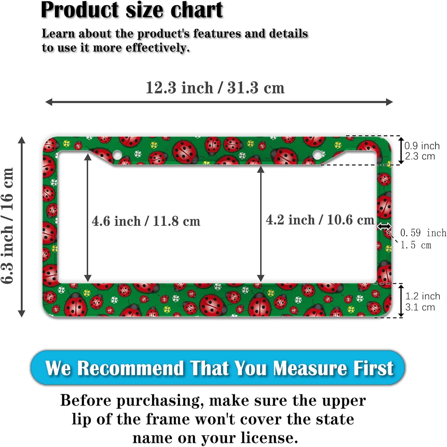 License Plate Frame Red Green License Plate Protector Cute Ladybug and Flowers Universal Aluminum Car Accessory 2 Pack with Screw Covers Set