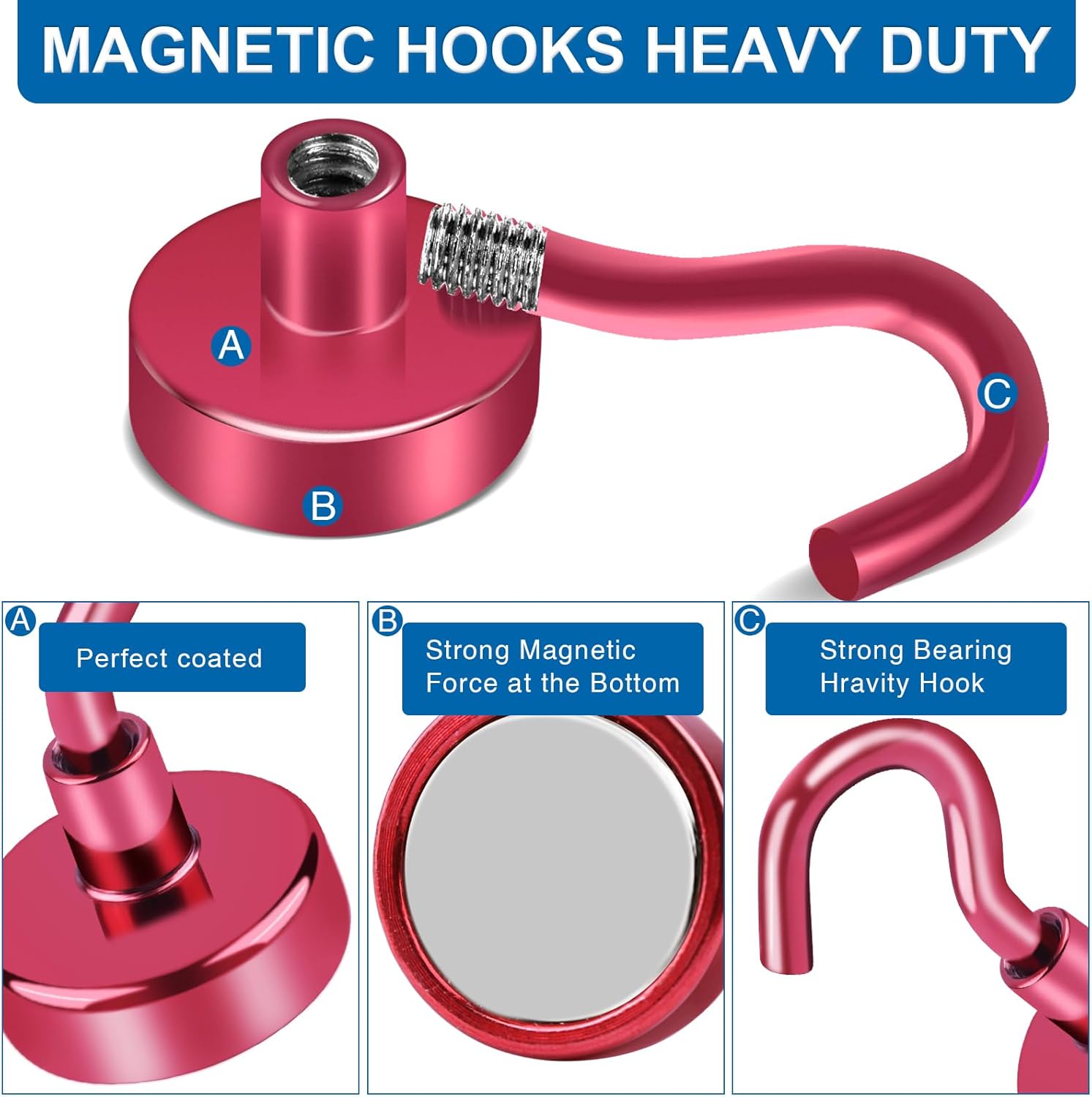 LOVIMAG Cruise Essentials, 150Lbs Cruise Door Magnets, Red Magnet Hooks for Cruise Cabin Strong Magnetic Hooks for Hanging, Refrigerator, Celling -6 Pack