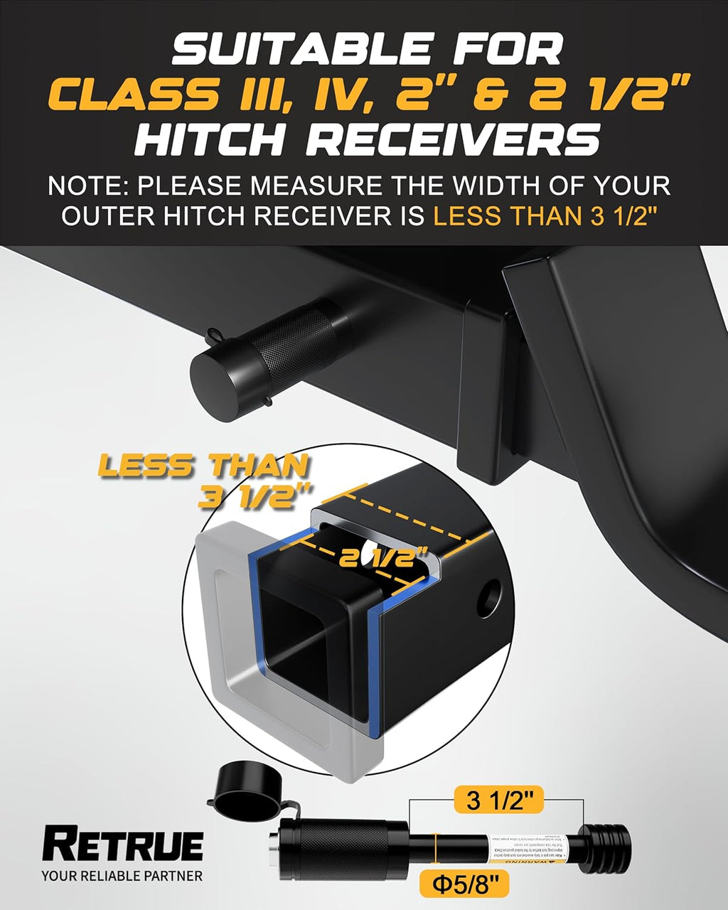 RETRUE Trailer Hitch Lock, 5/8" Locking Hitch Pin for 2 Inch and 2 1/2” Receiver Class III IV Hitch, Tow Hitch Lock with Keys and O-Rings, Trailer Accessories for Outdoor Enthusiasts, 2 Pack