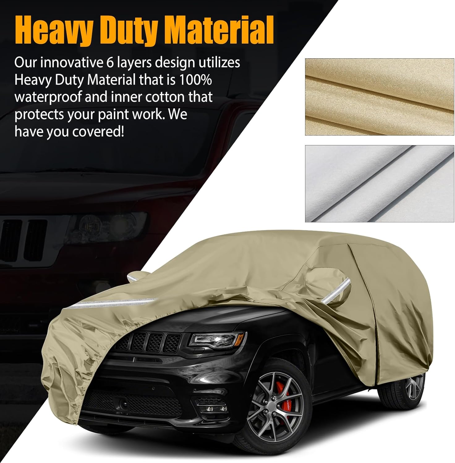 Waterproof Car Covers Replace for 2011-2025 Jeep Grand Cherokee, Multilayer Heavy Duty with Cotton Liner All Weather Car Cover with Zipper Door, Windproof Bands for Snow Rain Dust Protection