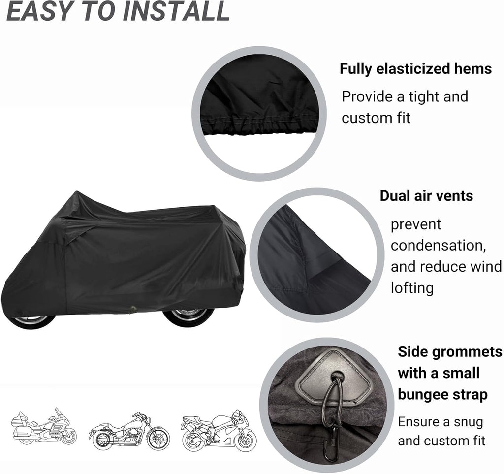 Deluxe Motorcycle Cover, Waterproof All Weather Outdoor Protection Universal Motorcycle Cover, Fade & Tear Proof Polyester fits Motorbike up to 110" L