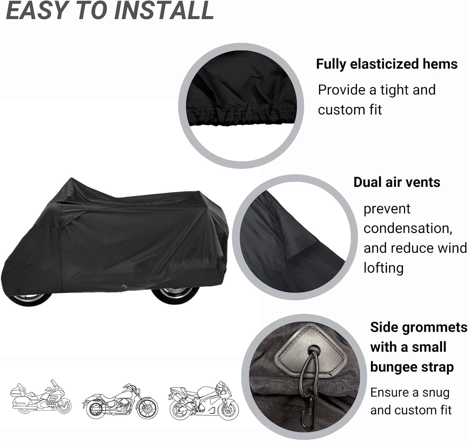 Deluxe Motorcycle Cover, Waterproof All Weather Outdoor Protection Universal Motorcycle Cover, Fade & Tear Proof Polyester fits Motorbike up to 110" L