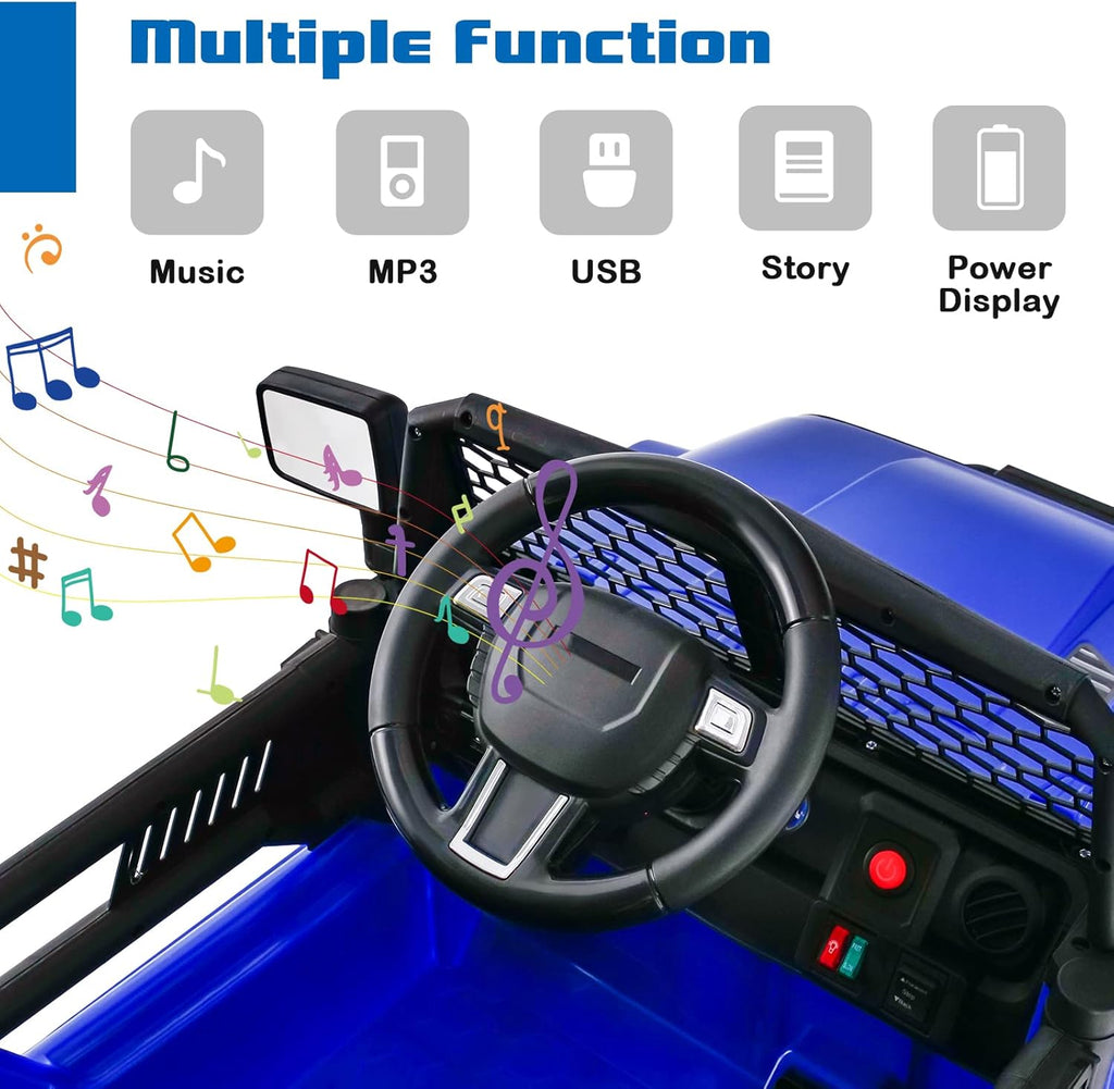 OLAKIDS Kids Ride On Truck, 12V Electric Vehicle Car with Remote Control, Toddlers Battery Powered Toy with 2 Speeds, Spring Suspension, Double Open Doors, LED Lights, TF, Music, USB, Mp3 (Blue)