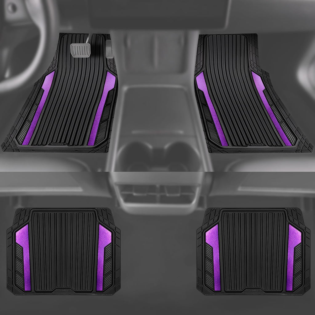 CAR PASS Heavy Duty Rubber Car Mats Metallic,Aluminum Film All Weather Floor Mats Waterproof Universal Trim to Fit SUVs Sedans Vans 4 Piece Anodized Deep Dish Two-Tone Sporty Black Purple Chrome