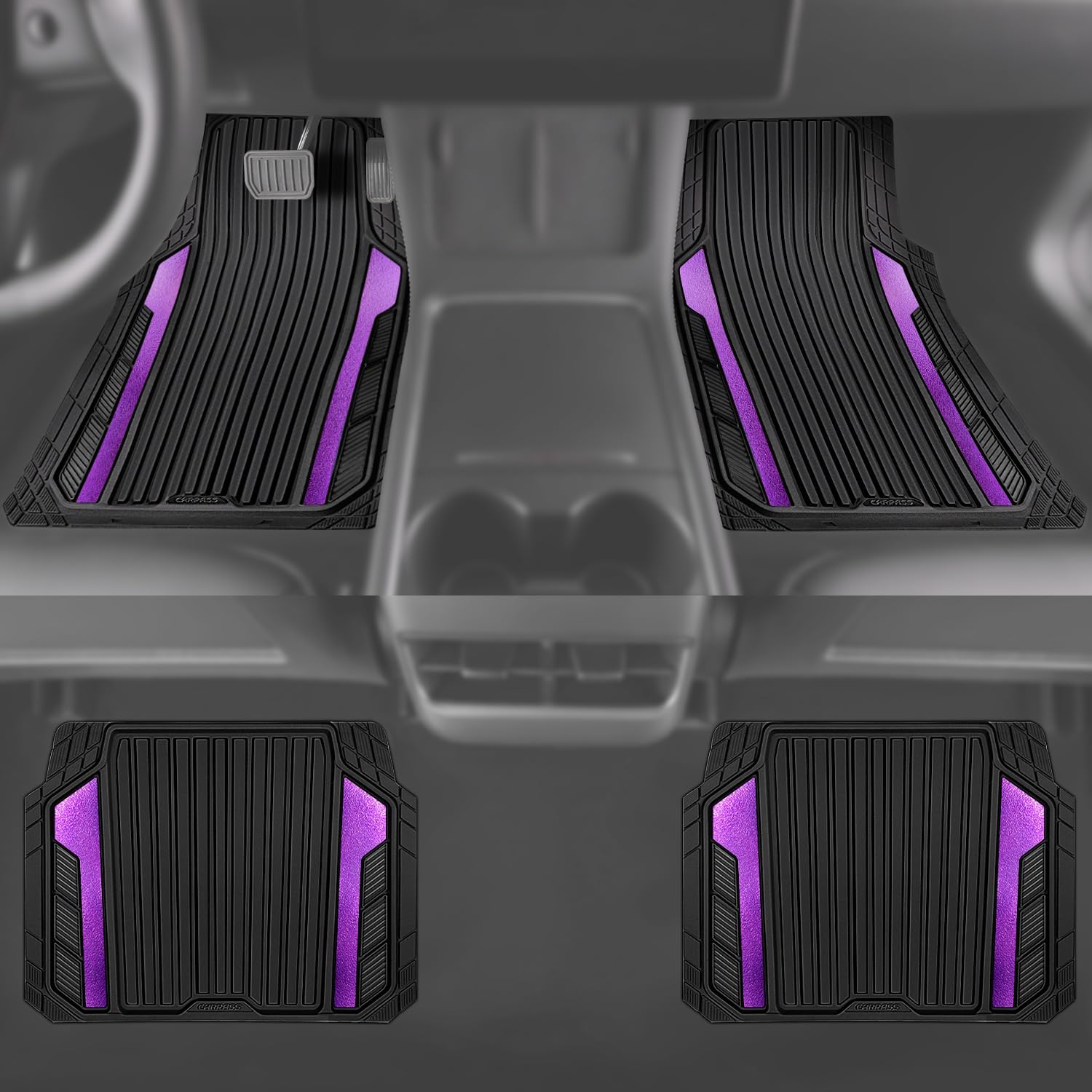 CAR PASS Heavy Duty Rubber Car Mats Metallic,Aluminum Film All Weather Floor Mats Waterproof Universal Trim to Fit SUVs Sedans Vans 4 Piece Anodized Deep Dish Two-Tone Sporty Black Purple Chrome