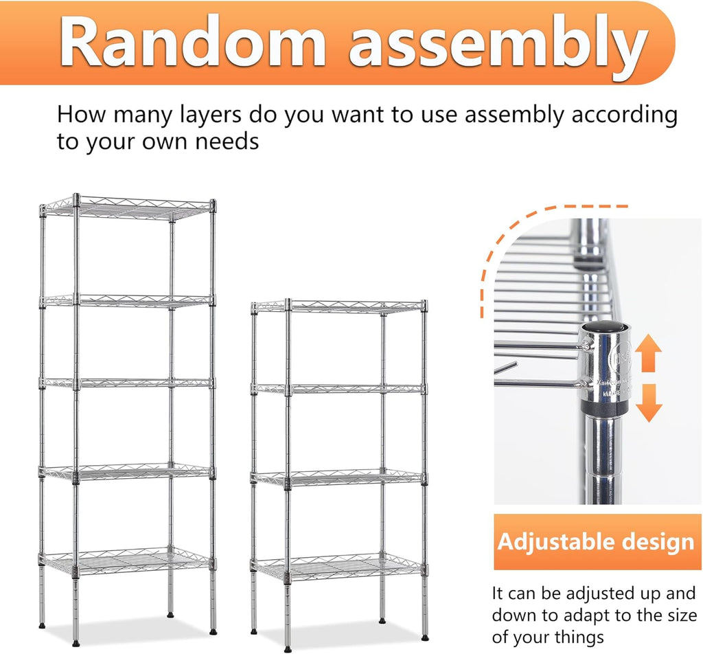 BestOffice 5 Tier Garage Shelving Heavy Duty Metal Shelves 17”D x 12”W x 48”H Easy Assemble Storage Shelves NSF Certified Wire Shelving with Leveling Feet for Garage Home Office, Chrome