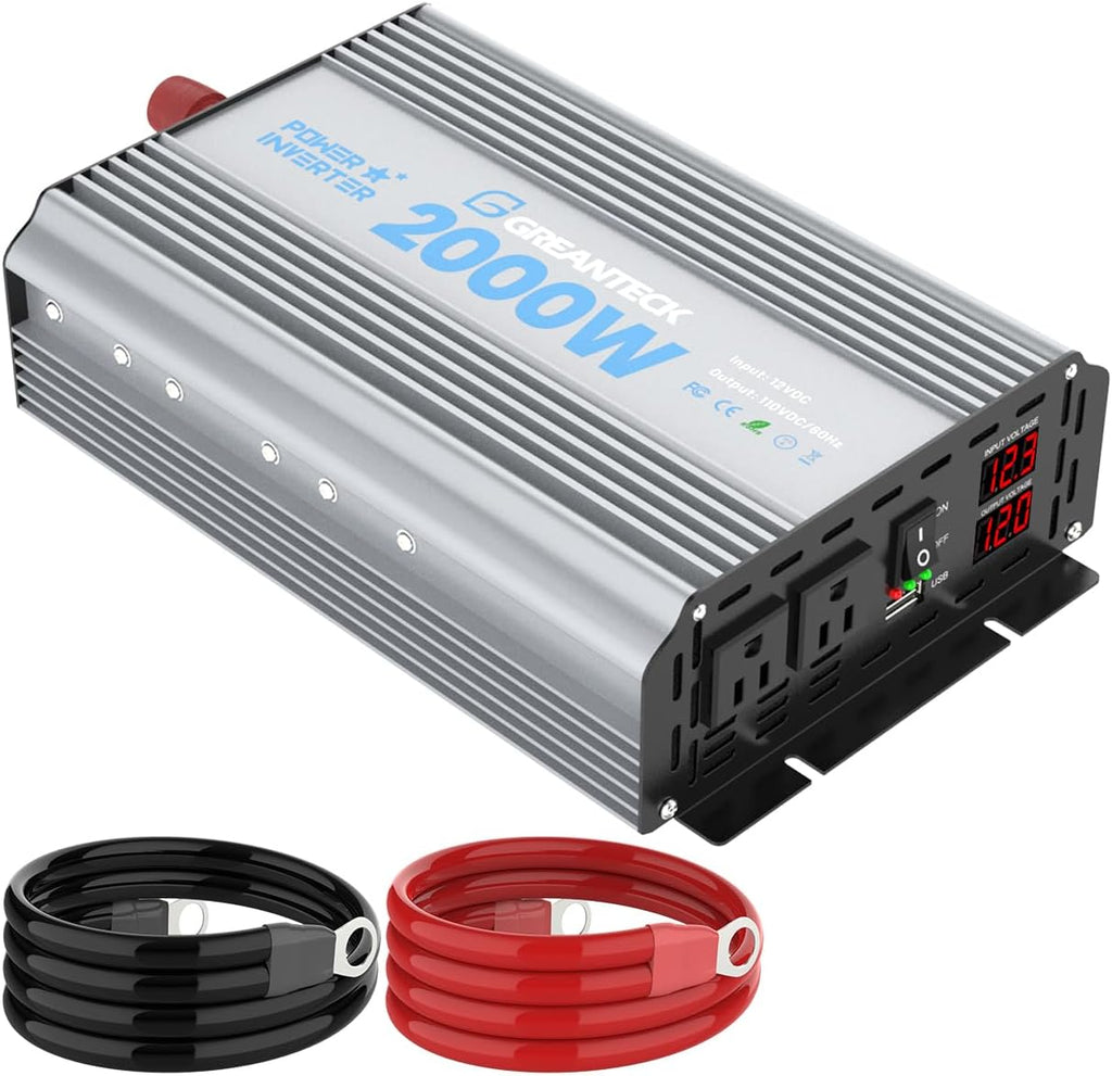 2000 Watt Power Inverter Modified Sine Wave, DC 12V to AC 110V 120V Converter with Dual Sockets, USB Port, LED Display for RV Truck Boat Solar Car Emergency Off Grid