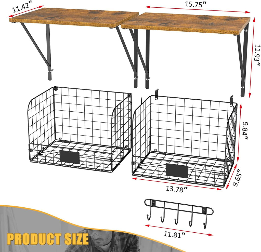 2 Pack Garage Shelves Wall Mounted with Wire Storage baskets, Heavy Duty Garage Wall Shelving with Hooks, Wooden floating shelves Tool Organizer for Home Garden Garage Organizers and Storage