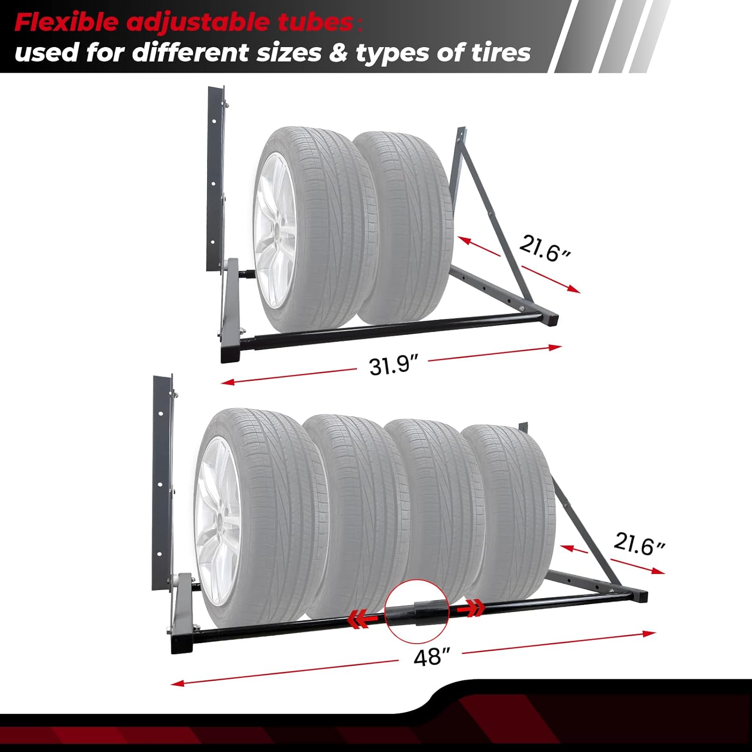 Tire Storage Rack for Garage, Folding Tire Rack Wall Mount with Heavy Duty Steel, Adjustable Multi-Tire Wheel Storage(32"-48") x 22" x 22", Grey