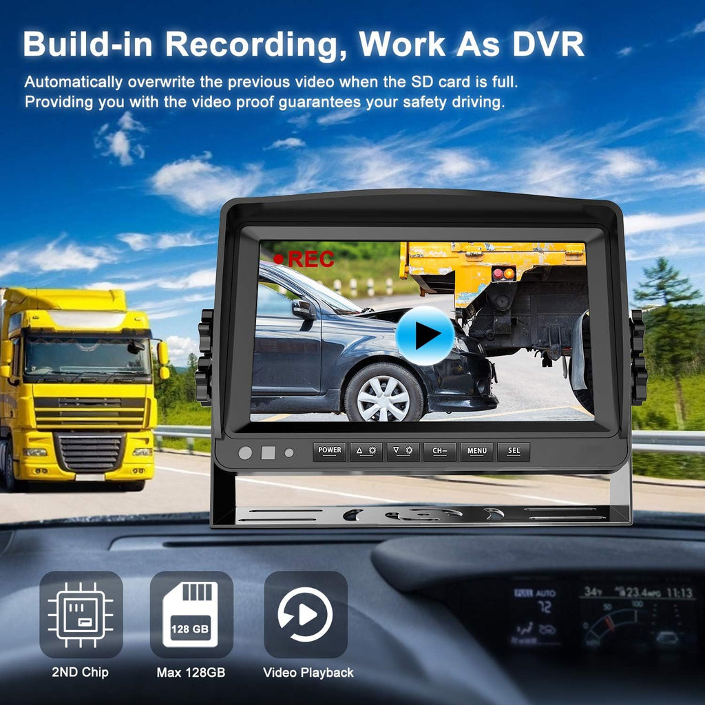 Fookoo HD 1080P 7" Wired Backup Camera System, 7-inch Quad Split Screen Monitor W/Recording, IP69 Waterproof Side View Rear View Cameras, Parking Lines for Truck/Trailer/RV/Tractor/ 5th Wheel (DY704)