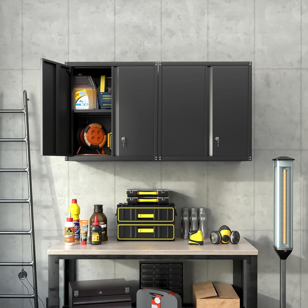 LUCYPAL Garage Storage Cabinet,27.95" H Metal Wall Cabinets with Locking Doors and Adjustable Shelves,Steel Hanging Storage Cabinet for Home Office,Kitchen,Basement,Black