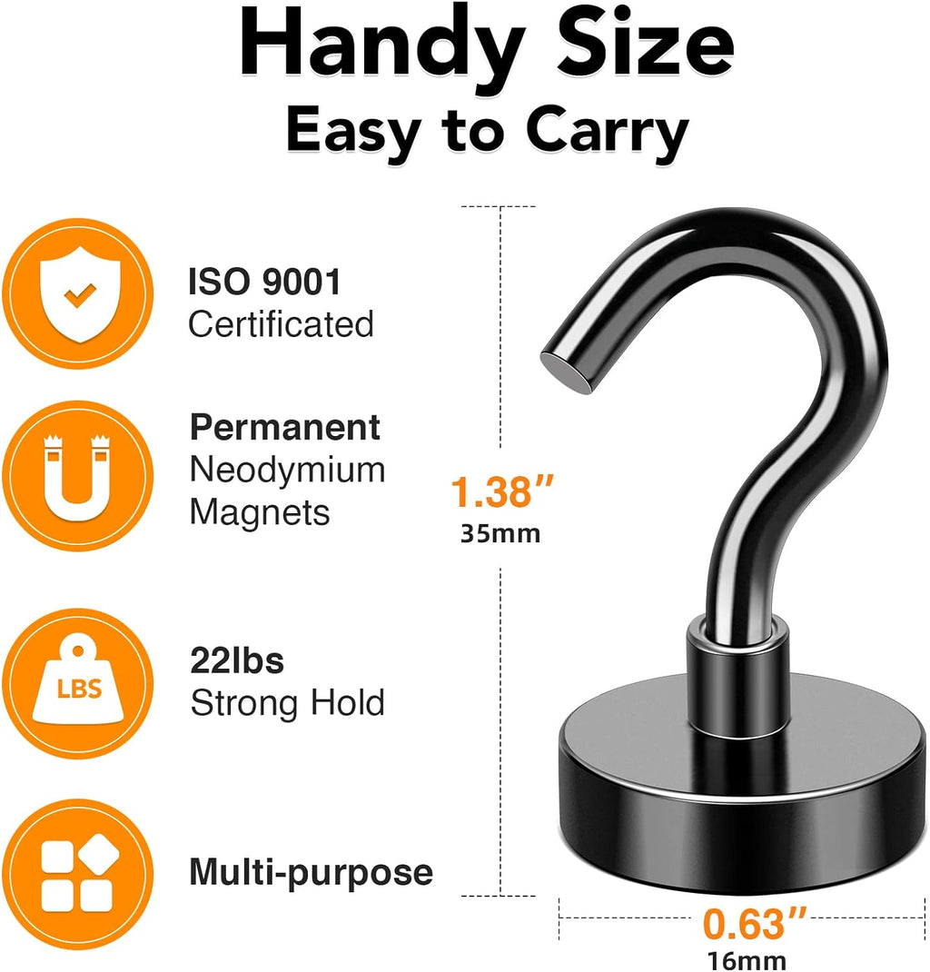 MIKEDE Magnetic Hooks, 25Lbs+ Black Heavy Duty Earth Magnets with Hook for Refrigerator, Strong Neodymium Magnetic Cruise Hooks for Hanging, Curtain, Grill and Kitchen - Pack of 4