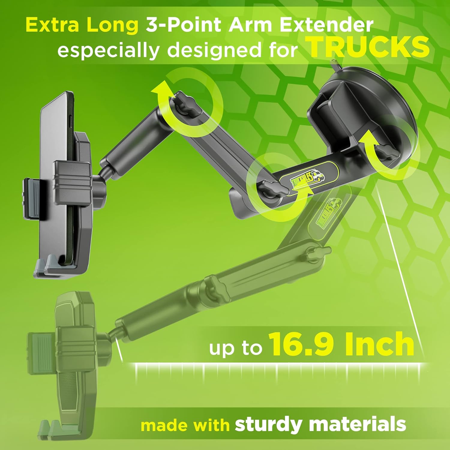 Phone Mount for Truck Phone Holder for Truck - Heavy Duty Super Suction Cup, Mobile Device Holder for Dashboard Window 16.9 inch Long Arm & Stable, iPhone & Samsung Compatible, Big Rig Trucker, Gray