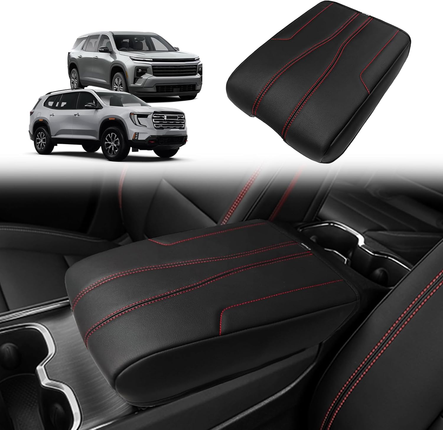 Muslogy Armrest Cover Center Console Cover Compatible with 2024 2025 GMC Acadia & Chevrolet Chevy Traverse Accessories Vegan Leather Arm Rest Middle Console Protector (Black/Red Stitching)