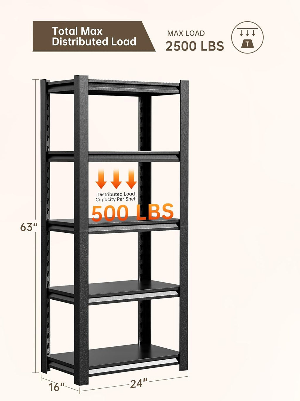 JHYKHG 63" H Storage Shelves,5-Tier Heavy Duty Garage Shelving,Adjustable Shelving Unit,Metal Shelf,Boltless Assembly Rack for Warehouse,Shed,2,500 lb Load,16 x 24 x 63 Inches,Black