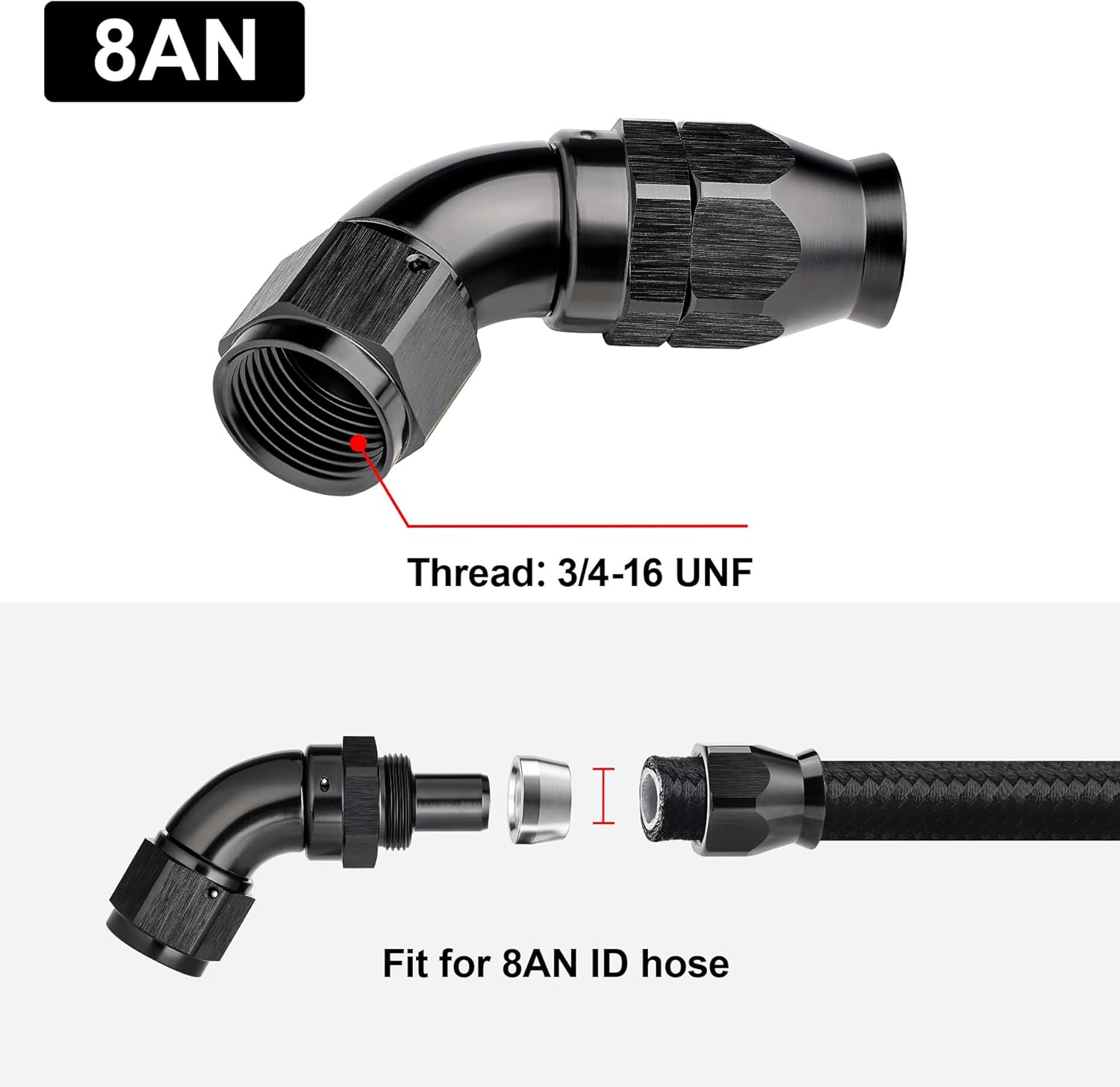 EVIL ENERGY 8AN 60 Degree PTFE One Piece Full Flow End Hose Fitting Aluminum Black