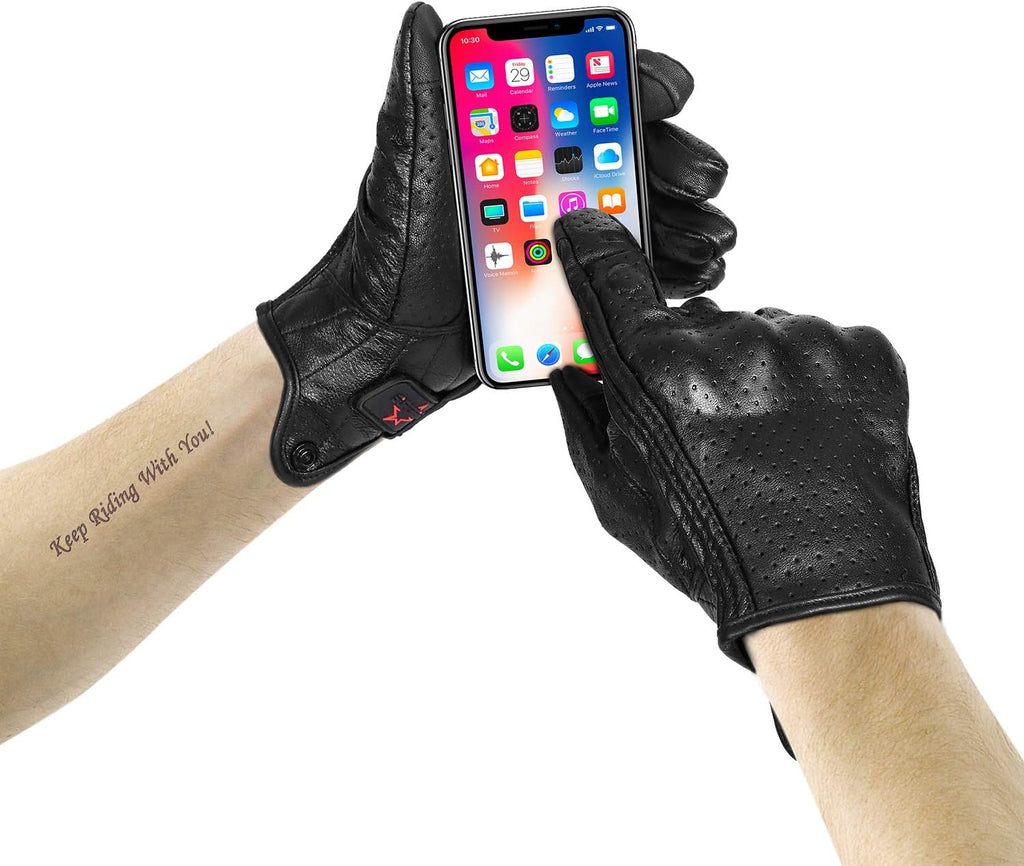 Full finger Goat Skin Leather Touch Screen Motorcycle Gloves Men/Women S,M,L,XL,XXL (Perforated, XL)