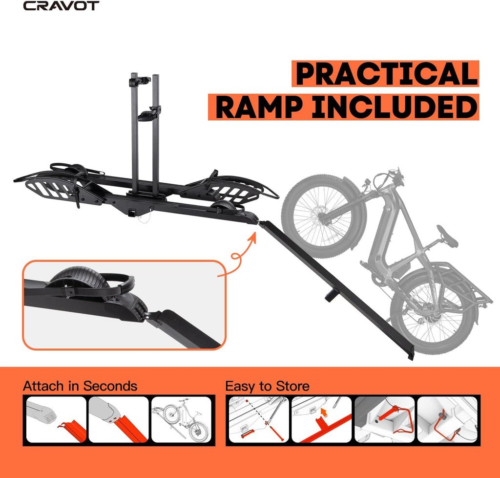 CyberRack E2 Hitch 2 EBike Rack with Ramp, 200 lbs Capacity Electric Bike Carrier Foldable Platform Mount, Up to 5-inch Fat Tire Bicycle for 2'' Receiver Cars Trucks SUVs Minivans RV, Trailer