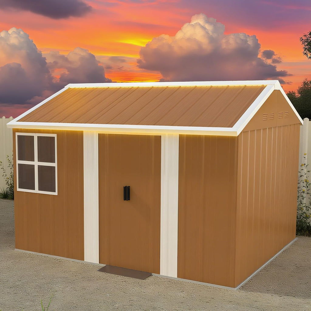 10 x 8 FT Outdoor Storage Shed, Metal Garden Tool Shed with Slooping Roof, Lockable Doors and Windows, All-Weather Weatherproof Blike shed for Garden, Patio, Lawn, Yellow