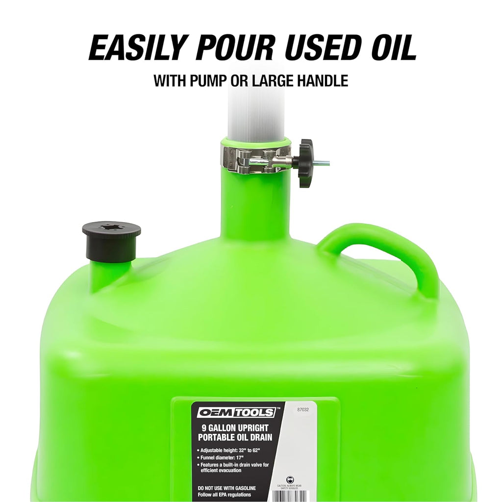 OEMTOOLS 87032 Oil Drain Pan with Funnel, 9 Gallon Oil Catch Pan with Adjustable Height, Portable Oil Drain Container with 17" Funnel