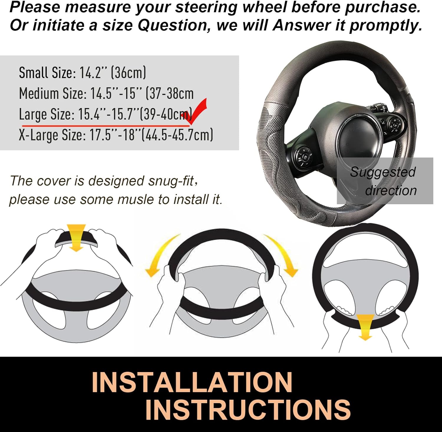 PINCTROT Large Size Comfy Grip Steering Wheel Cover, Anti-Slip Design, 15.5-15.75 Inch(Silicone Black)