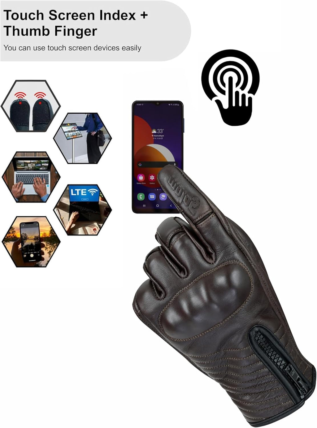 Full Finger Leather Motorcycle Gloves for Men & Women Touch Screen Gloves Premium Street Motorcycle Durable Protective Cruiser Biker Gel Leather Motorbike Gloves