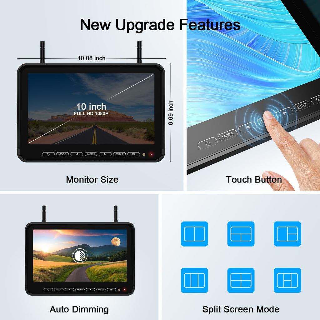 Fookoo HD 10" Wireless 4 RV Backup Camera System for Furrion Pre-Wired RV Truck Trailer, 10" IPS Monitor, 2 Side View 2 Rear View Cameras, Split Screen IR Night Vision Recording Waterproof - D10Y4