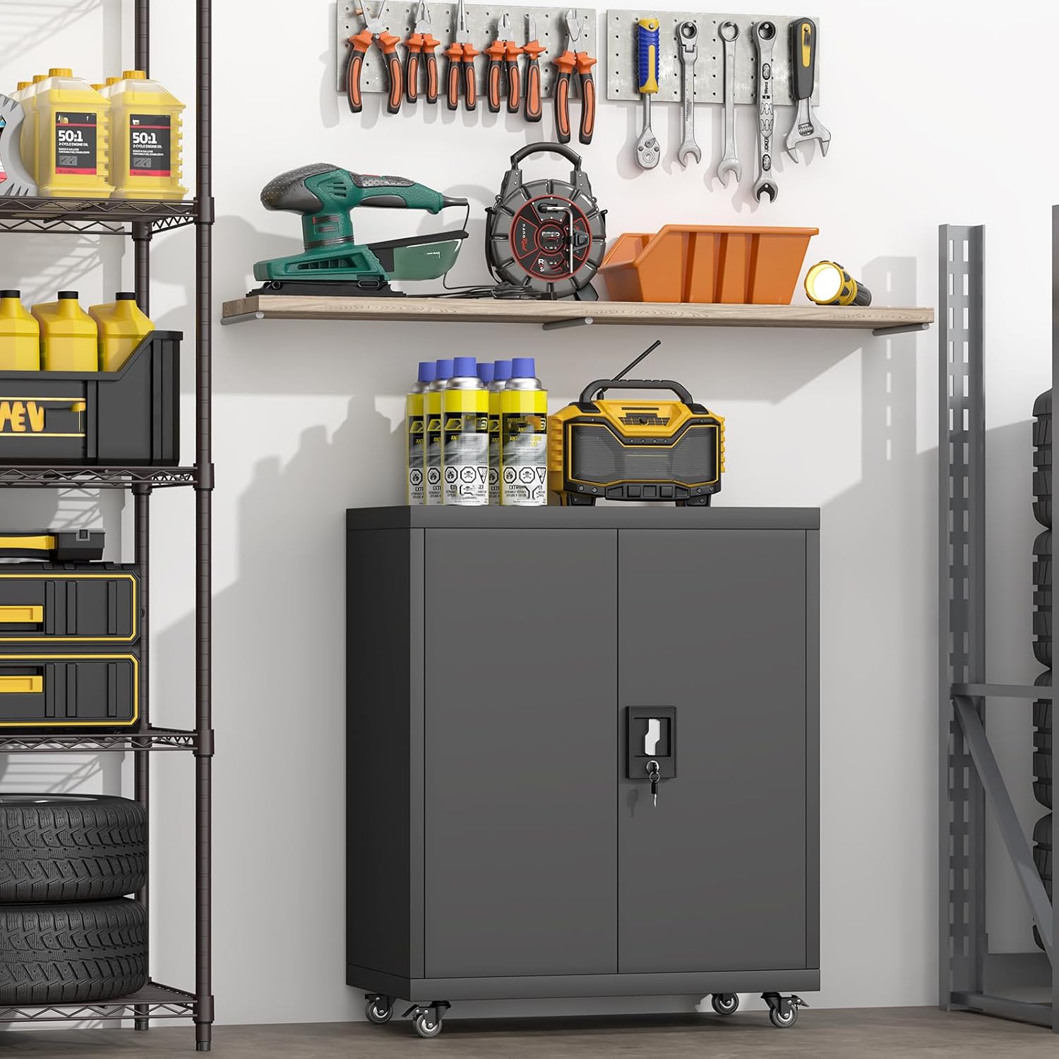 GREATMEET 31.5" H Metal Garage Storage Cabinet with Wheels, Lockable Garage Storage Cabinet with Adjustable Shelves for Home, Office,Kitchen