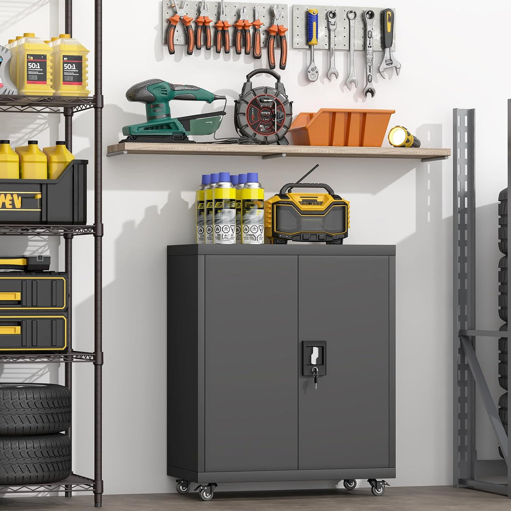 GREATMEET Garage Cabinets with Wheels, Black Garage Storage Cabinets with Doors and Adjustable Shelves，Rolling Lockable Metal Garage Storage Cabinets for Home Office Utility Room