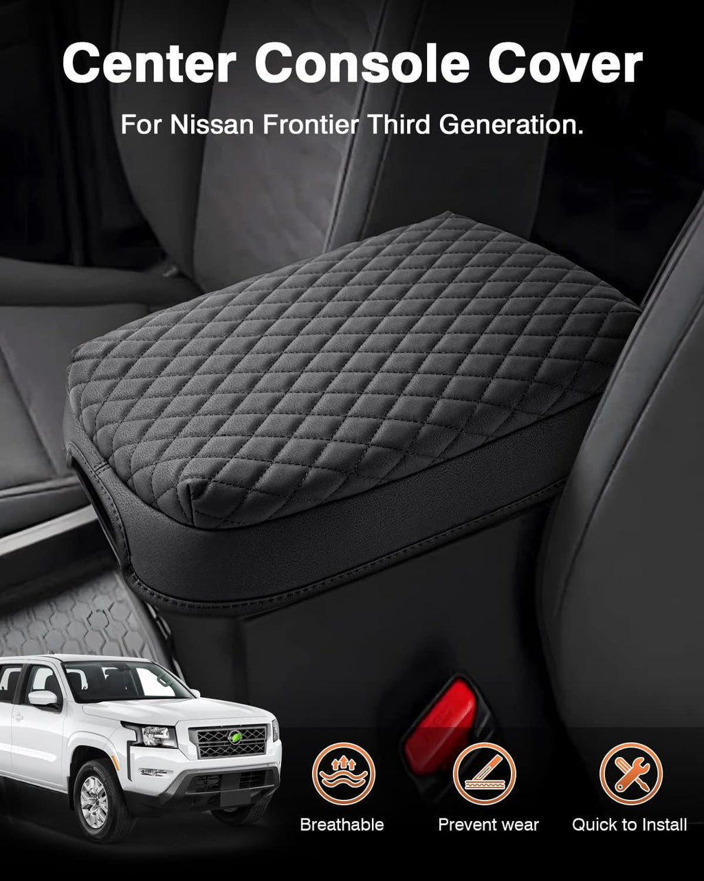 Shademax Custom for Center Console Cover Nissan Frontier 2025 2024 2023 2022 Armrest Cushion Pad Cover PU Leather Frontier Accessories 2025 2026 Car Armrest Seat Box Cover Protector Anti-Scratch Black