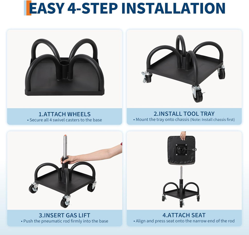 Garage Stool, 19”-25” Adjustable Rolling Mechanic Stool with Universal Wheels, Removable Magnetic Tool Tray, 300LBS Capacity, Roller Creeper Seat, Shop Chair