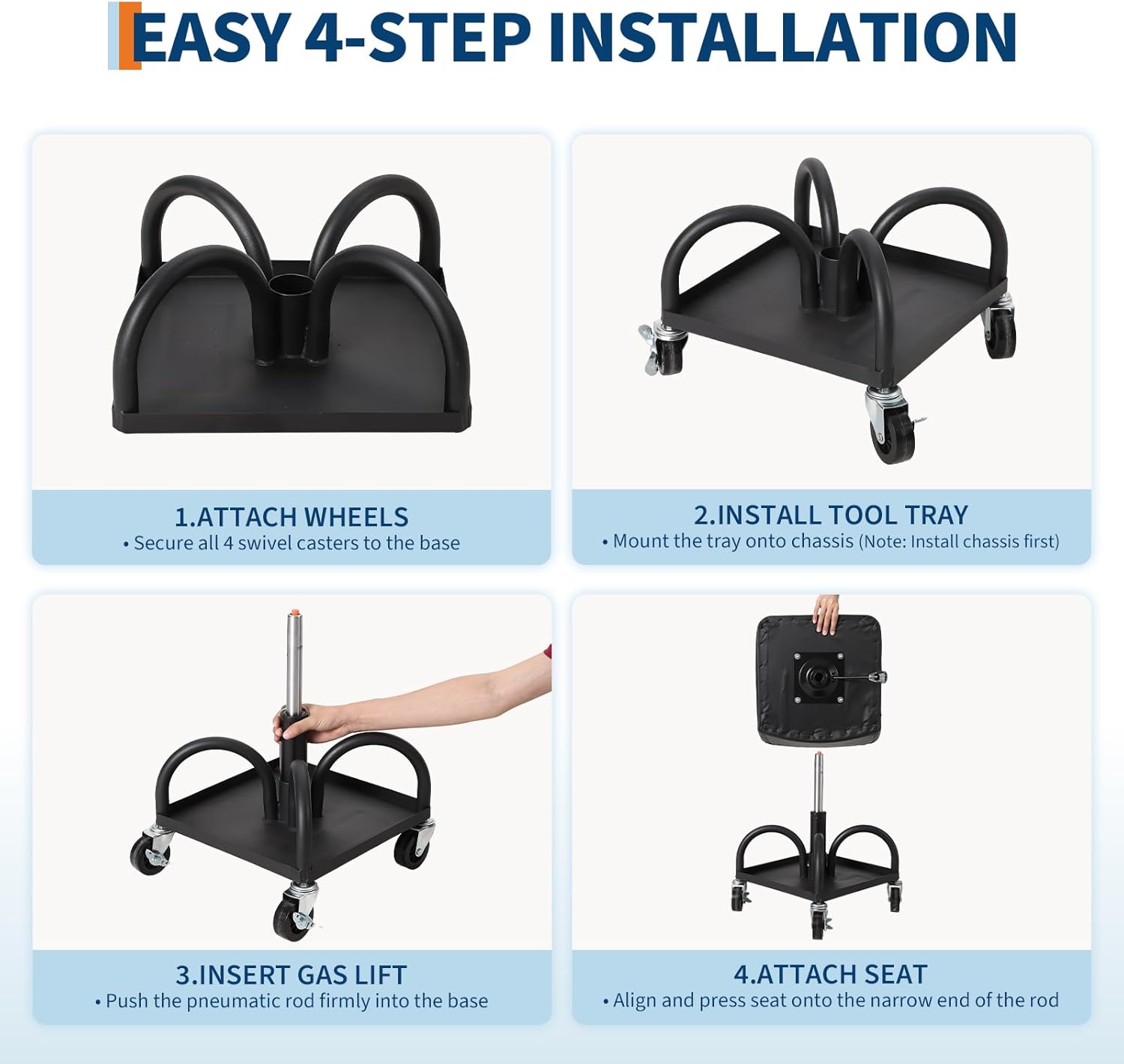 Garage Stool, 19”-25” Adjustable Rolling Mechanic Stool with Universal Wheels, Removable Magnetic Tool Tray, 300LBS Capacity, Roller Creeper Seat, Shop Chair