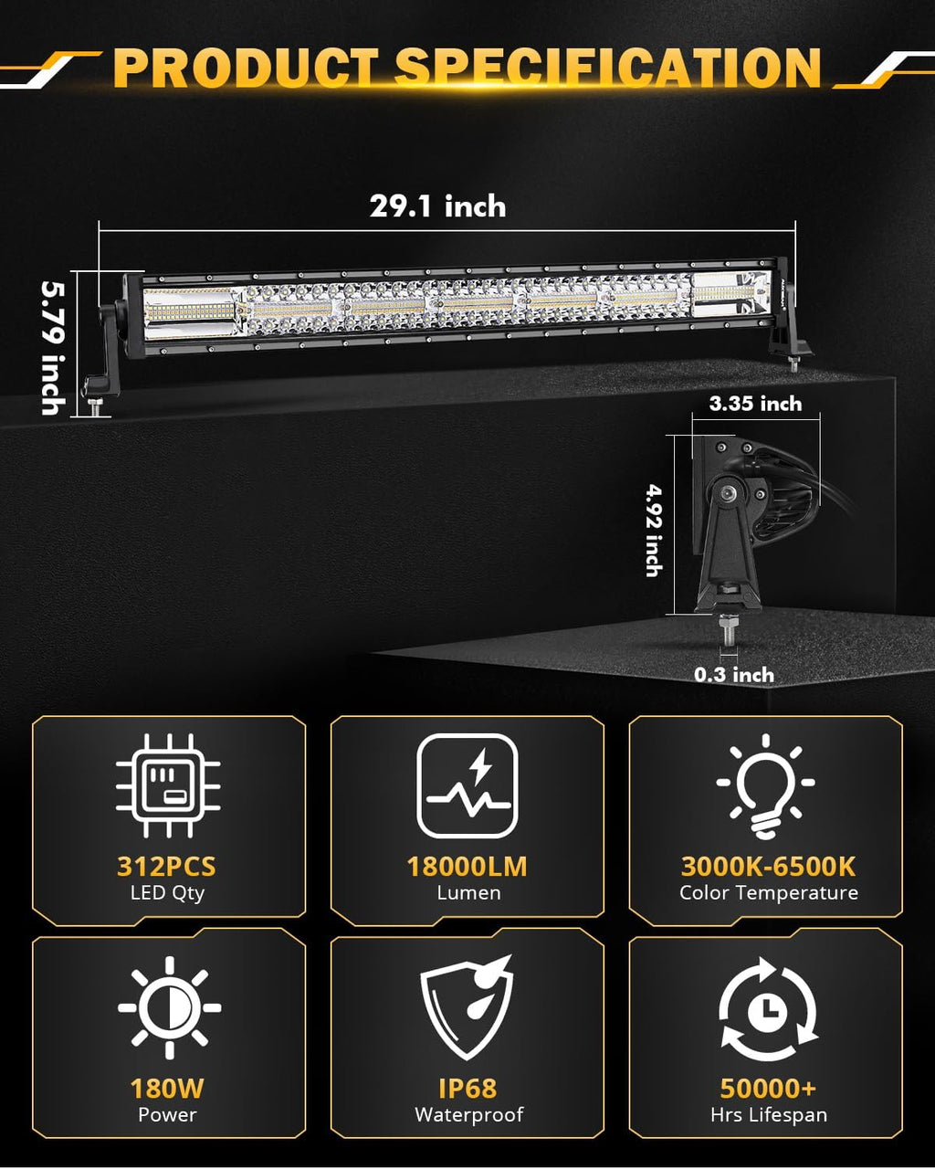 Auxbeam 30 Inch 180W LED Light Bar, 6 Modes Spot Flood Combo Offroad Lighting Amber White Strobe Fog Light, Memory Reset Function Waterproof Driving Work Light with 10FT Wiring Harness Kit