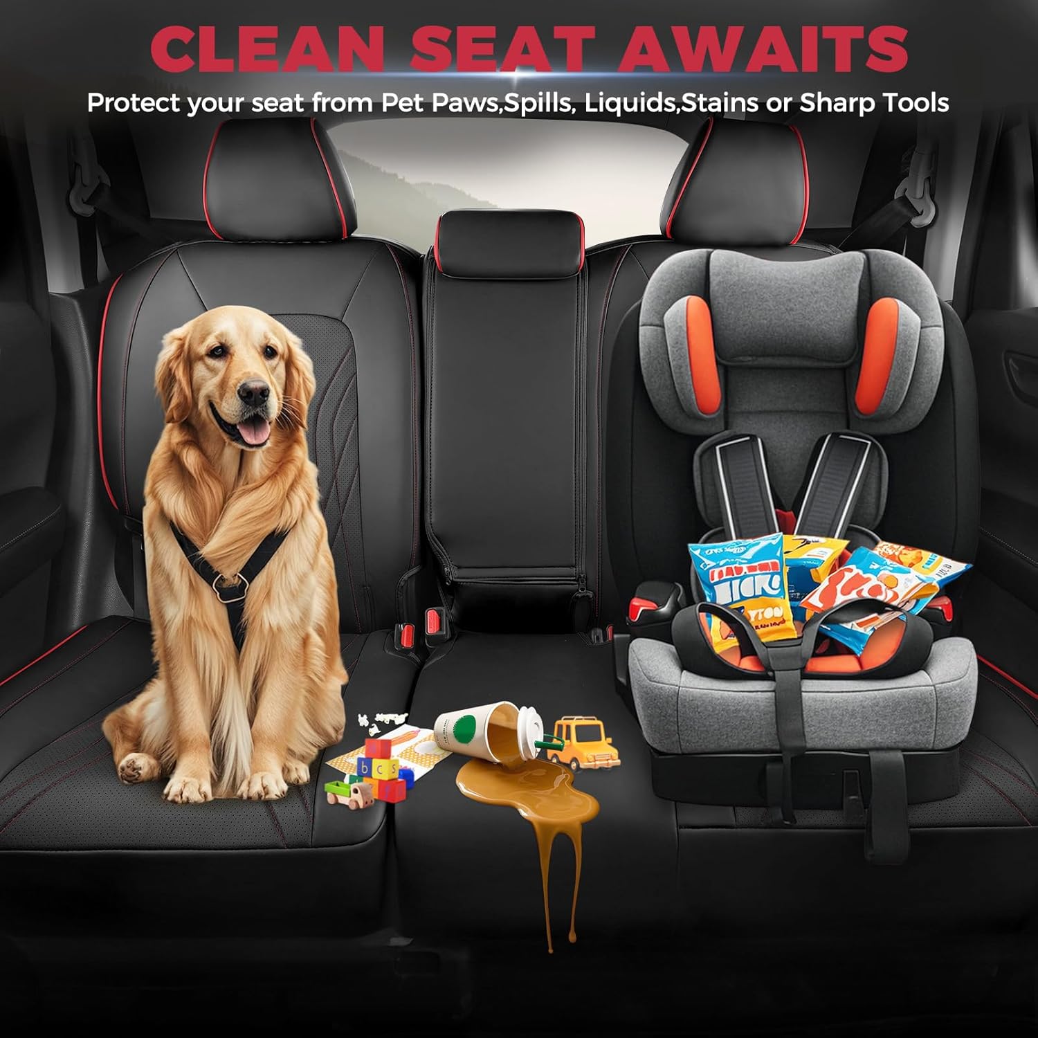 FREESOO Seat Covers for Honda CRV, Custom Fit Seat Covers Full Set, CRV LX EX EX-L Sport Touring Special Edition Trailsport Hybrid & Gas 2023 2024 2025 2026, Waterproof Leather Seat Cover, Black & Red