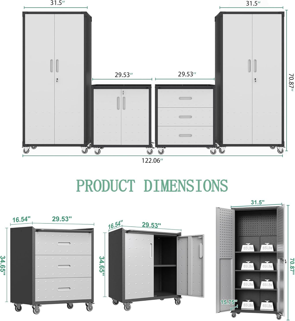 Metal Tool Cabinet,Garage Storage Cabinet System,Wall Cabinet & Locking Rolling Tool Cabinet with Doors and Adjustable Shelves,Steel Tool Cabinets for Home,Office (4 Pcs-StyleA, Black & Grey)