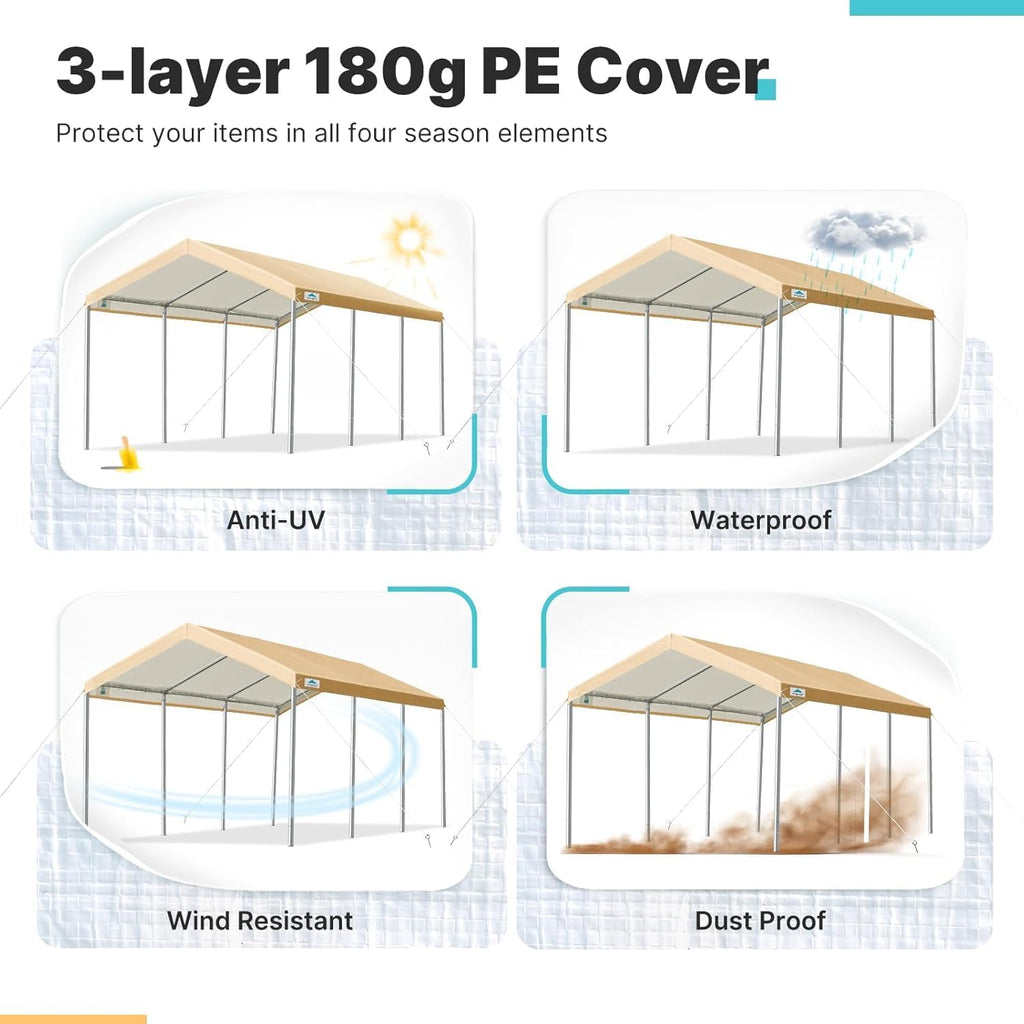 Carport Replacement Canopy Cover for Car Tent Top Garage Shelter Cover Tarp with Ball Bungees (Only Top Cover, Frame Not Include) (Beige 10’ x 20‘)